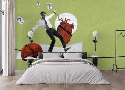 Balance of mind and heart. Young man connected to heart and brain balancing on rope. Intellect and emotions, brain and heart. Thoughtful decision-making. Concept of psychology, emotions, choice Wall mural