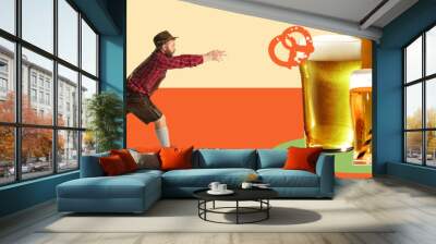 Beer tim. Mna in bavarian clothes running to mugs with foamy lager beer. Contemporary art collage. Concept of Oktoberfest, holiday, traditional festival, alcohol drink. Poster, ad. Banner Wall mural