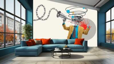 Blah blah blah. Flow of thoughts. Businessman in a suit shouting in megaphone. Modern design, contemporary art collage. Inspiration, idea, trendy urban magazine style. Copy space for ad, text Wall mural