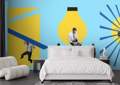 Bright contemporary collage made of shots of young men, managers working hardly isolated over blue background. Concept of business lifestyle, finance, career Wall mural