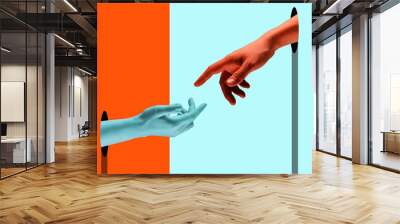 Bright painted hands touching by fingers. Contemporary art collage. Modern design work in vibrant trendy colors. Tender human hands. Stylish and fashionable composition, youth culture. Copyspace. Wall mural