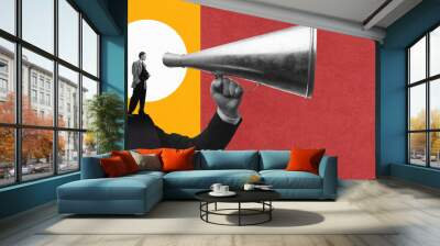 Broadcasting Power. Hand with man holding large megaphone. Authoritative voice of control, in politics, media, corporate leadership. Contemporary art collage. Concept of propaganda, information, news. Wall mural