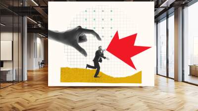 Businessman running and emotionally shouting in megaphone, Professional news and changes. Contemporary art collage. Concept of business, office, creative, innovations, challenges, communication Wall mural