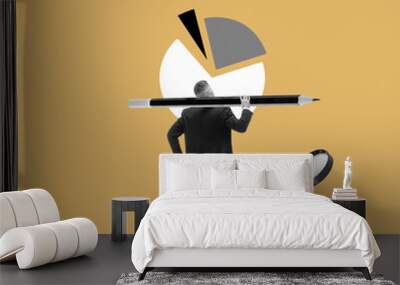 Businessman standing with giant pencil and looking at financial analytics. Taking risks. Contemporary art collage. Conceptual design. Business, career development, success, professional growth concept Wall mural