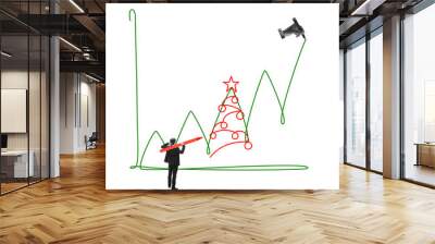 Businessman with pencil looking on giant graph with Christmas tree doodle. Holiday sales planning, financial analytics. Contemporary art collage. Concept of business, Christmas holiday, progress Wall mural