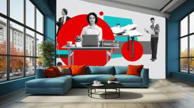 Businesspeople working in comfortable space, using gadgets. Collaboration, teamwork and comfortable space. Contemporary art collage. Concept of business, career, cooperation, communication Wall mural