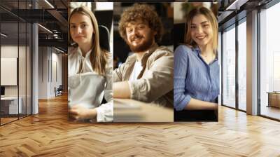 Cheerful and relaxed group of young different men and women, employees of same company smiling, sitting against office background. Concept of business, entrepreneurship, career, teamwork Wall mural