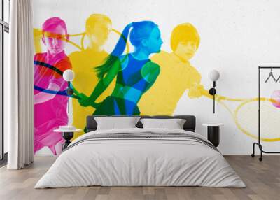 Children Play. Vibrant silhouettes of young children in action with tennis rackets, practicing, playful learning of tennis. Contemporary art collage. Concept of sport, active and healthy lifestyle Wall mural