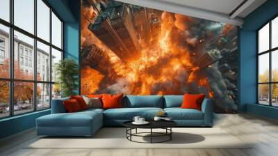 Cinematic destruction with this breathtaking aerial shot capturing a city on fire, scene straight out of a blockbuster movie Wall mural