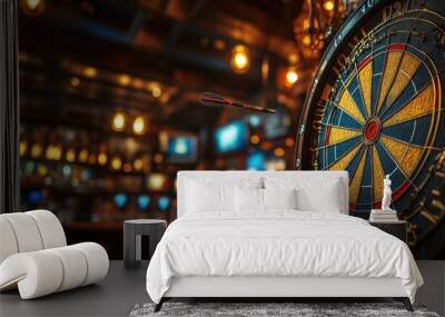 Close-up of dartboard in dimly lit pub, with dart in flight, suggesting game is underway in traditional, cozy atmosphere. Wall mural