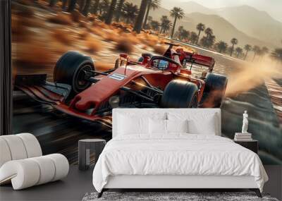 Close-up of of red sleek race car navigates challenging turn on dust racetrack blurred in motion. Wall mural