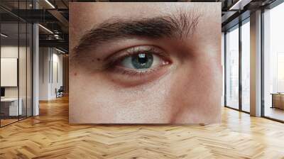 Close-up portrait of young man isolated on grey studio background. Caucasian male model's face and blue eye. Concept of men's health and beauty, self-care, body and skin care, medicine or phycology. Wall mural