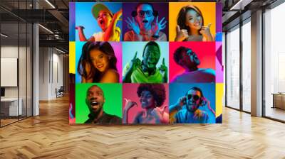 Close up portrait of young people in neon light. Human emotions, facial expression. People, astonished, screaming and crazy in happiness. Creative bright collage made of different photos of 17 models. Wall mural