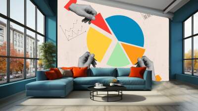 Collage, business concept. Composition with human hands control, taking pieces of muclticolored diagram isolated on light background. Wall mural