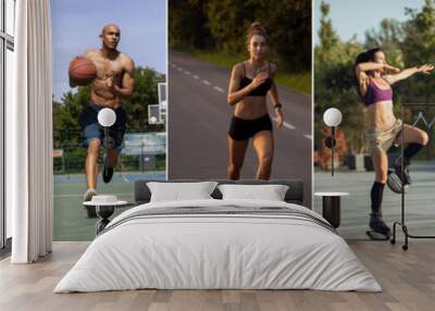 Collage about fit men and women at fitness training outdoors. Sport, training, athlete, workout, exercises concept Wall mural