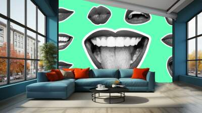 Collage in magazine style with female lips on bright mint background. Smiling, mouthes screaming, scratching, different emotions. Modern design, creative artwork, style, human emotions concept. Wall mural