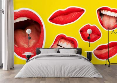 Collage in magazine style with female lips on bright yellow background. Smiling, mouthes screaming, scratching, different emotions. Modern design, creative artwork, style, human emotions concept. Wall mural