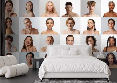 Collage made of beautiful people, men and women of different age and nationality over grey and white background. Concept of skincare, natural beauty, plastic surgery, cosmetology, cosmetics, ad Wall mural