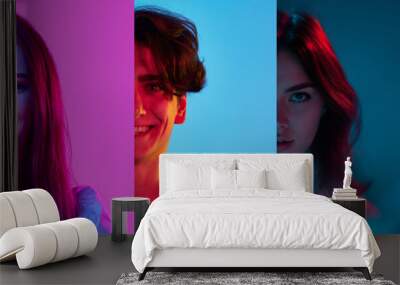 Collage made of five young people. Half-face images of smiling man and woman over multicolored background in neon light. Happiness. Concept of human emotions, facial expression, youth, lifestyle. Wall mural