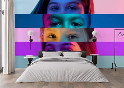 Collage made of narrow stripes with children eyes, different kids posing attentively looking over multicolored background in neon lights. Concept of human emotions, lifestyle, facial expression. Ad Wall mural