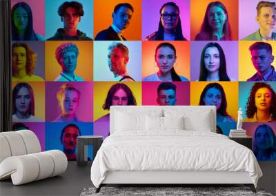 Collage made of portraits different people, men and women with serious expression looking at camera against multicolored background in neon. Concept of human emotions, lifestyle, facial expression. Ad Wall mural