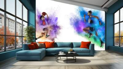 Collage made of portraits of fit men and woman in action, motion in explosion of paints and colorful powder. Sport, fashion, show concept Wall mural