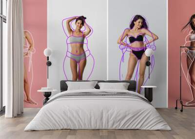 Collage made of portraits of young beautiful women with perfect body shape in underwear isolated over colored background. Wall mural