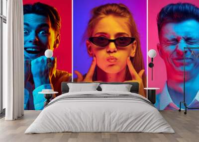 Collage made with portraits of different funny young people grimace isolated on multicolored background. Concept of emotions, facial expression. Closeup Wall mural