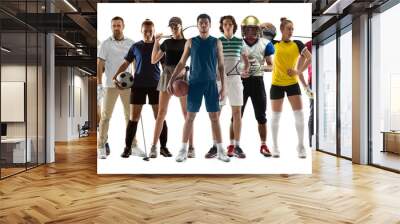 Collage of 10 different professional sportsmen, fit people in action and motion isolated on white background. Flyer. Wall mural