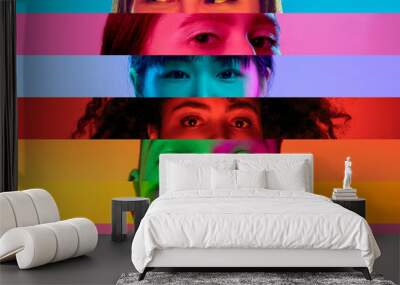 Collage of close-up male and female eyes isolated on colored neon backgorund. Multicolored stripes. Concept of equality, unification of all nations, ages and interests Wall mural