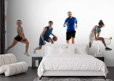 Collage of different professional sportsmen, fit people in action and motion isolated on white background. Flyer. Wall mural