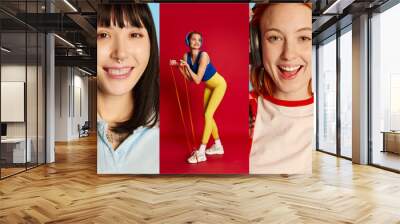 Collage of different young people, man and women over multicolored background. Sport and music. Happy and delightful. Concept of emotions and lifestyle Wall mural