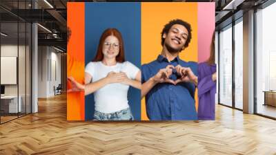 Collage of portraits of 10 young emotional people on multicolored background. Concept of human emotions, facial expression, sales, love, charity. Smiling, gesturing, heart sign with hands, kind. Wall mural