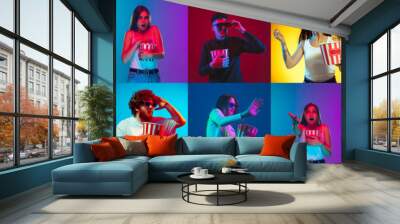 Collage of portraits of 9 young emotional people on multicolored background in neon light. Concept of human emotions, facial expression, sales. Watching cinema, eating popcorn, gesturing excited. Wall mural