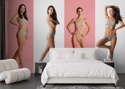 Collage of portraits of young beautiful slim tanned woman in underwear posing isolated over studio background. Natural beauty concept. Wall mural