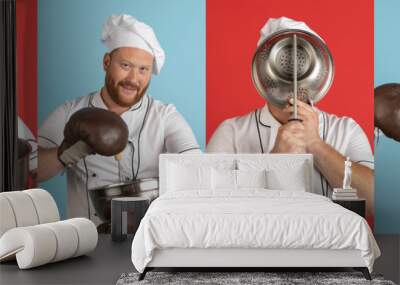 Collage of portraits of young Caucasian red-bearded man, chef or cook having fun. Funny meme emotions concept Wall mural