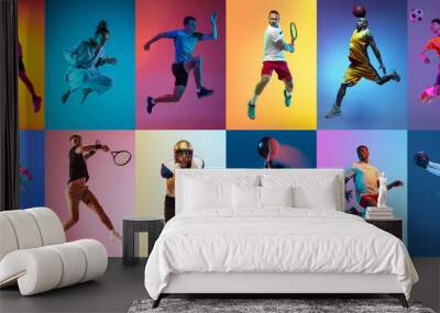 Collage of professional sportsmen in action and motion isolated on multicolored background in neon light. Flyer. Advertising, sport life concept Wall mural