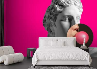 Collage with plaster head model, statue and female portrait isolated on pink background. Negative space to insert your text. Modern design. Contemporary colorful and conceptual bright art collage. Wall mural