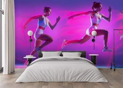 Collage. Development of movements. Young girl, professional sportsman training, running isolated over purple studio background in neon light Wall mural