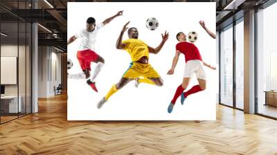 Collage. Dynamic image of male athletes, football players in motion with ball isolated on transparent background. Concept of professional sport, competition, tournament, active lifestyle Wall mural