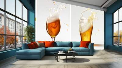 Collage. Mugs with fresh, cool foamy beer over grey background. Splashes and drops Wall mural