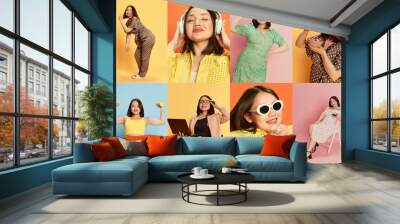 Collage. Set of portraits of young asian girl posing in different clothes and life situations against multicolored background. Concept of emotions, lifestyle, youth, hobby, fashion, business Wall mural