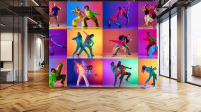 Collage. Talented artistic young people, hip hop, breakdance dancers performing over multicolored background in neon light. Concept of modern dance styles, hobby, youth, active lifestyle Wall mural