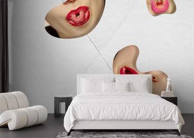 Collage. Three female mouths inside speech bubbles, one sticking out tongue, one puckering lips, and one smiling with red lipstick. Concept of human emotions. Banner, poster template Wall mural