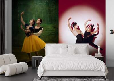 Composite image of portraits of 6 ballet dancers couples in theater performances isolated on multicolored background. Concept of art, theater, beauty Wall mural