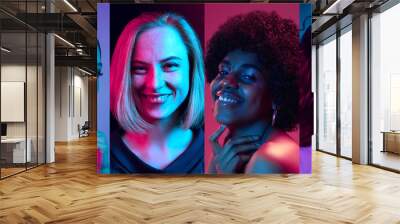 Composite image with portraits of young beautiful multiethnic women on multicolored background in neon. Concept of human emotions, facial expression, sales. Wall mural