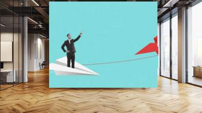 Conceptual design. Contemporary art collage. Employees, men sitting on paper planes and working. Flying to success and professional growth. Concept of business, career development, teamwork. Banner Wall mural