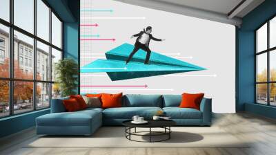 Confident and motivated businessman flying on paper airplane to professional success. Promotion. Contemporary art collage. Concept of business, professional challenges, ambitions, office, career, ad Wall mural