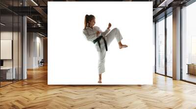 Confident junior in kimono practicing hand-to-hand combat, martial arts. Young female mongol fighter with green belt training on white studio background. Concept of healthy lifestyle, sport, action. Wall mural