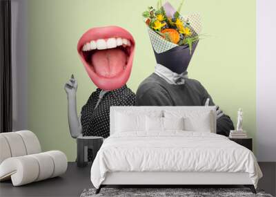 Contemporary art collage, modern design. Retro style. Couple headed with bouquet of spring flowers and big female mouth on pastel background Wall mural